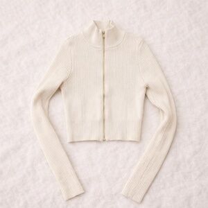 Cream Ribbed Zip-Up Sweater